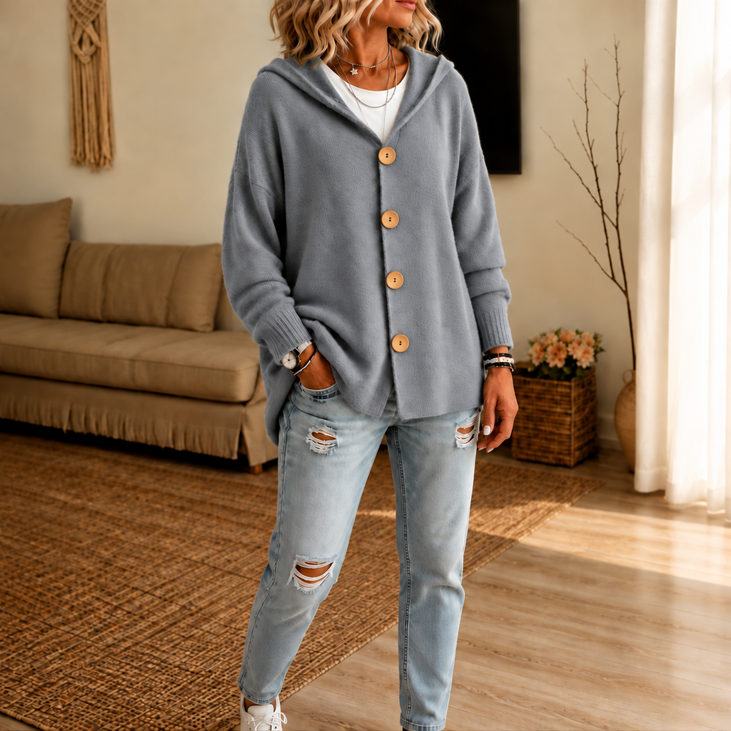 Wearbellax | Hooded Waffle-Knit Button-Front Cardigan