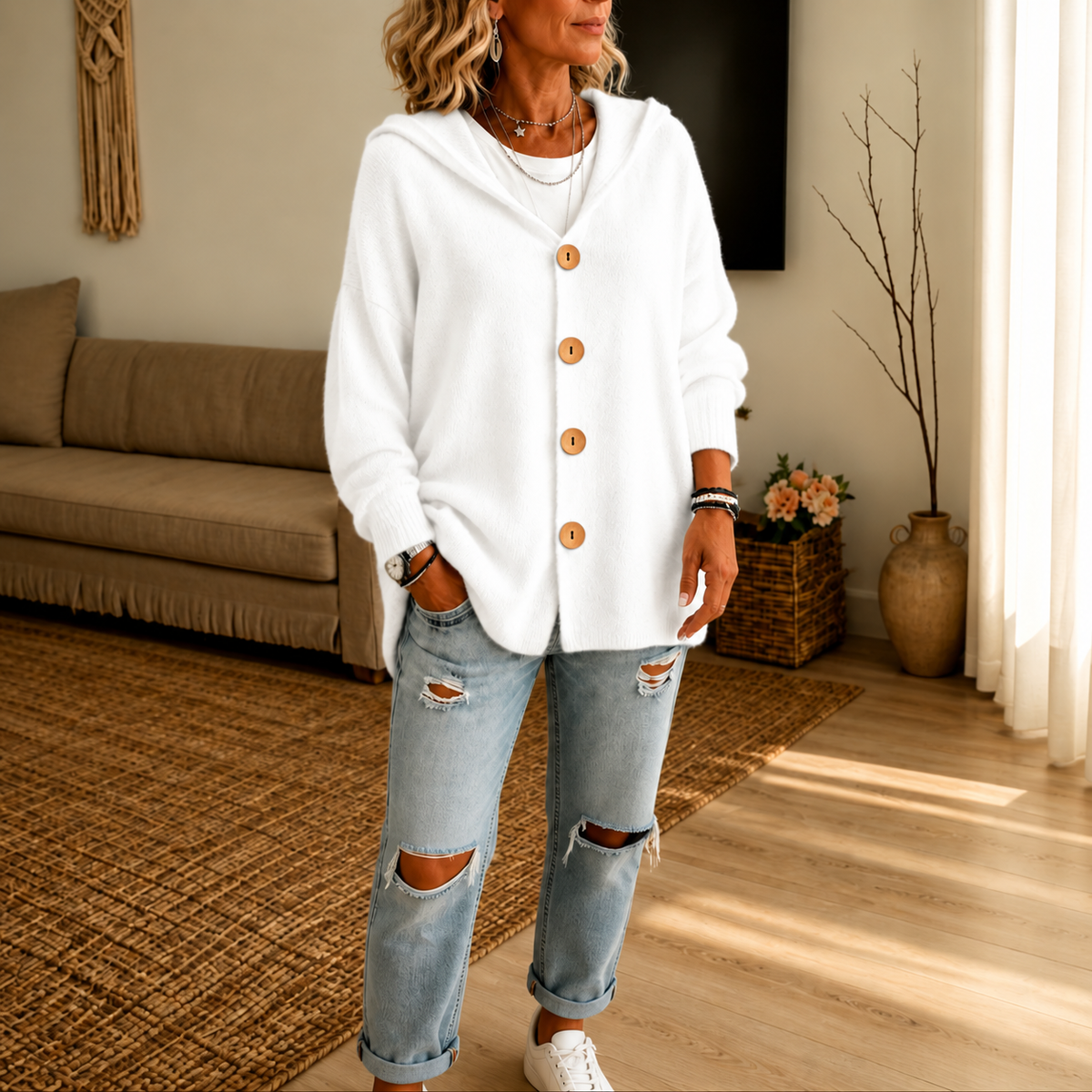 Wearbellax | Hooded Waffle-Knit Button-Front Cardigan