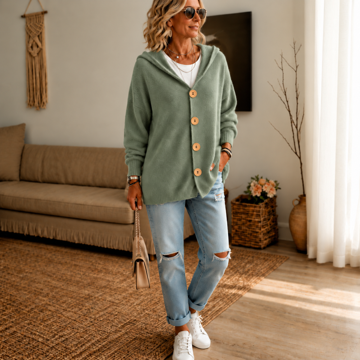 Wearbellax | Hooded Waffle-Knit Button-Front Cardigan