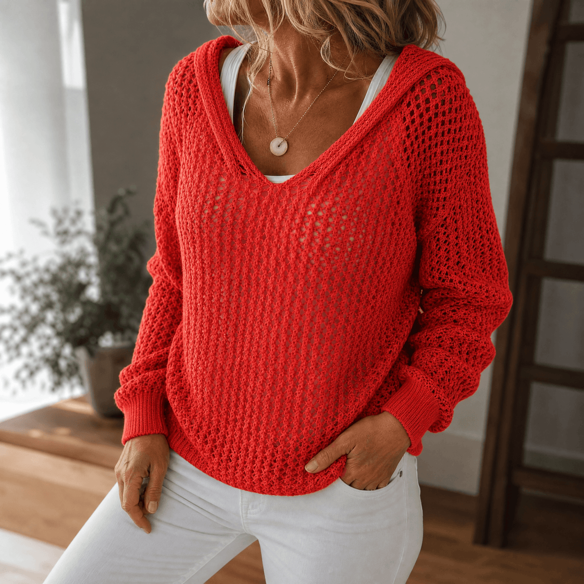 Delyne | Women's Open-Knit Hooded Pullover