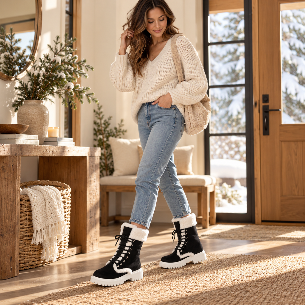 Velvara | Plush-Lined Lace-Up Mid-Calf Boots