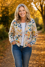 Threezip | Botanical Print Zip-Up Bomber Cardigan