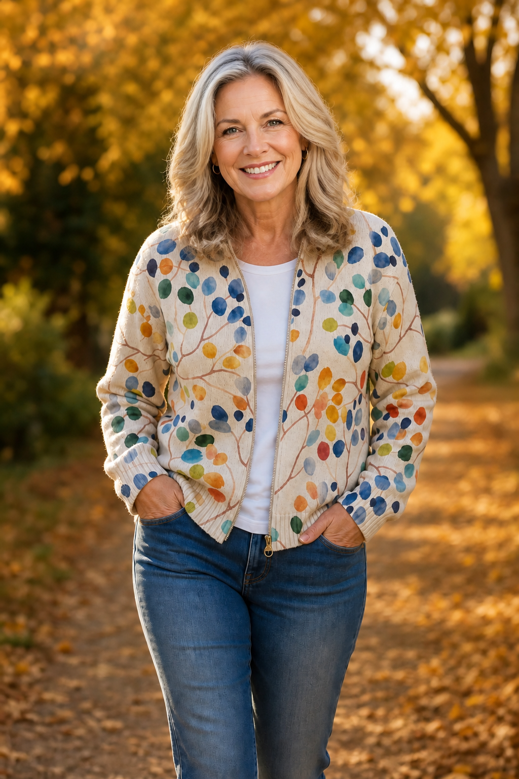 Threezip | Botanical Print Zip-Up Bomber Cardigan