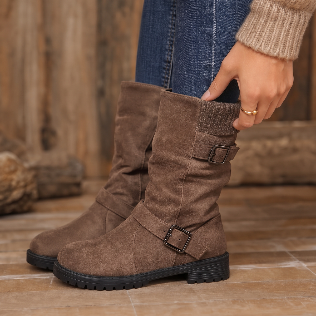 Wearbellav | Buckle-Strap Slouchy Mid-Calf Boots