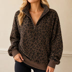 Roamprint | Leopard Print Oversized Quarter-Zip Sweatshirt