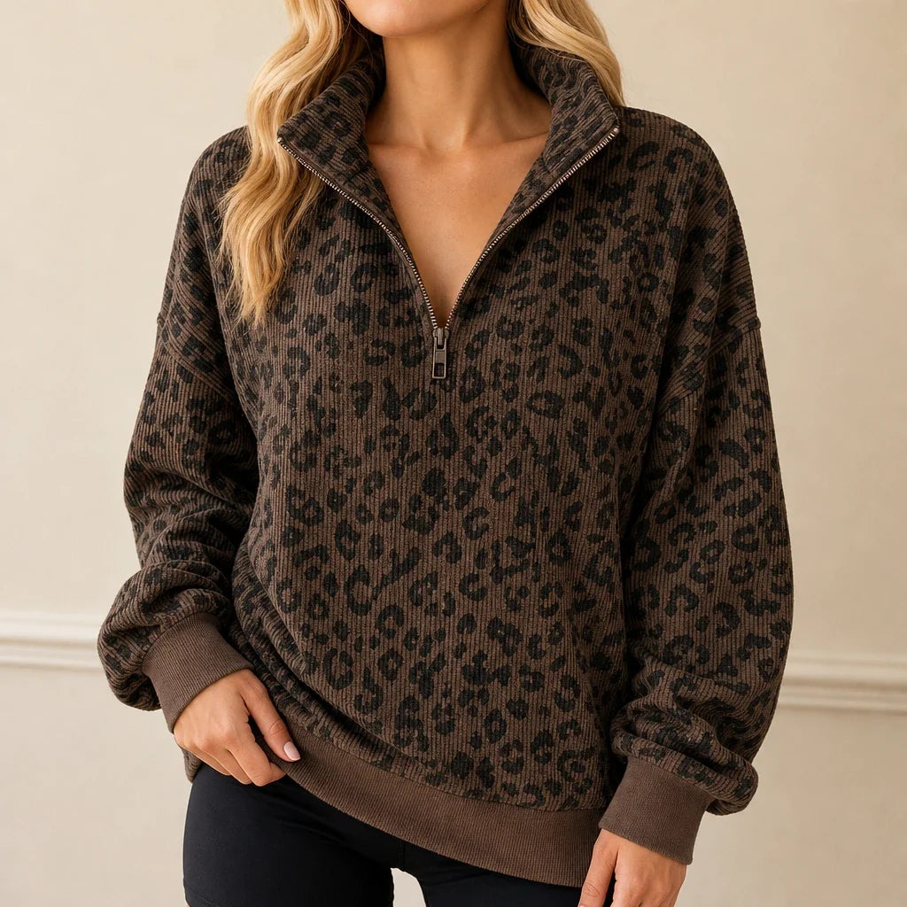 Roamprint | Leopard Print Oversized Quarter-Zip Sweatshirt