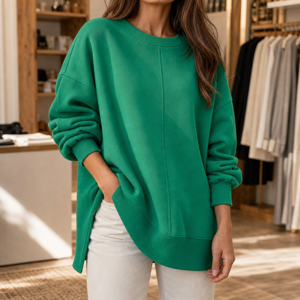 Verdant Ease | Drop Shoulder Side-Slit Sweatshirt