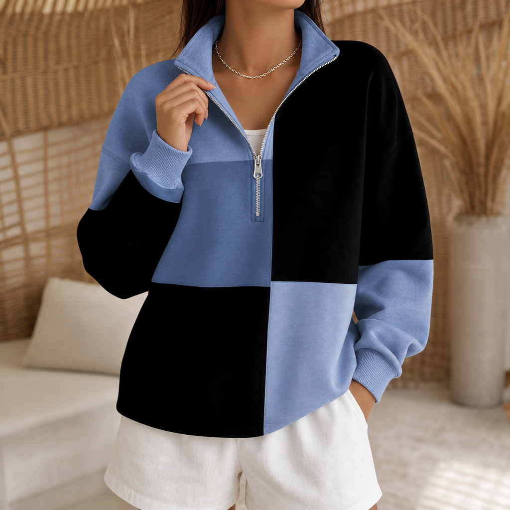 Colorplaid | Colorblock Plaid Stand-Collar Zip Sweatshirt