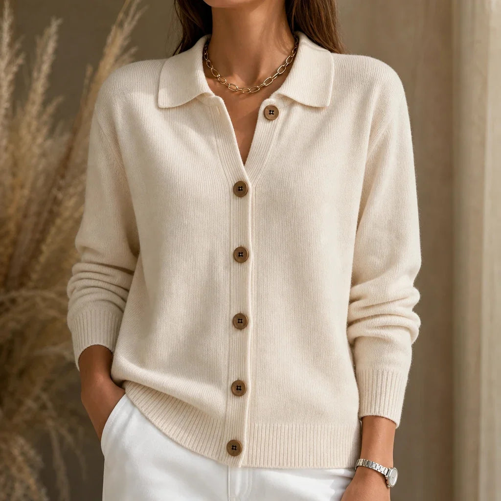 Collara | Turn-Down Collar Contrast-Button Knit Cardigan