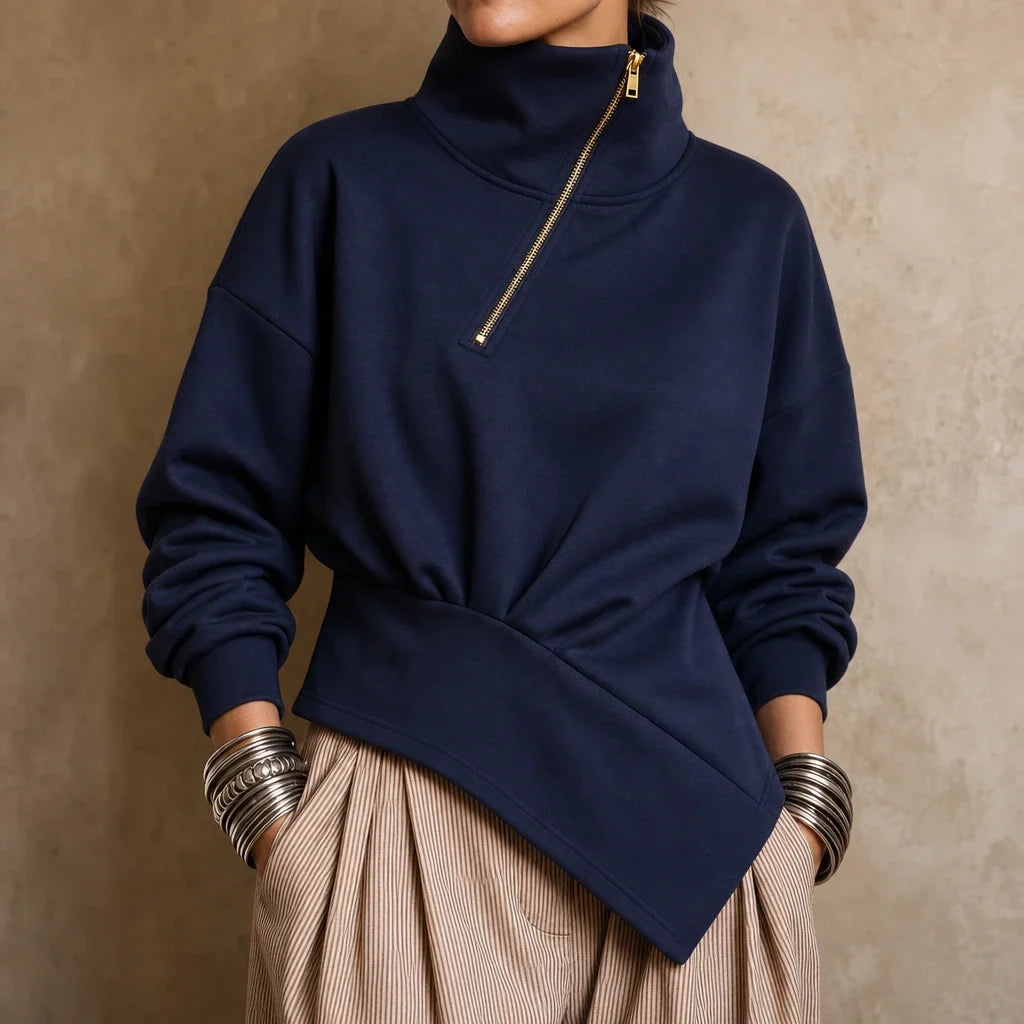Velaire | Asymmetric Diagonal-Zip High-Neck Sweatshirt