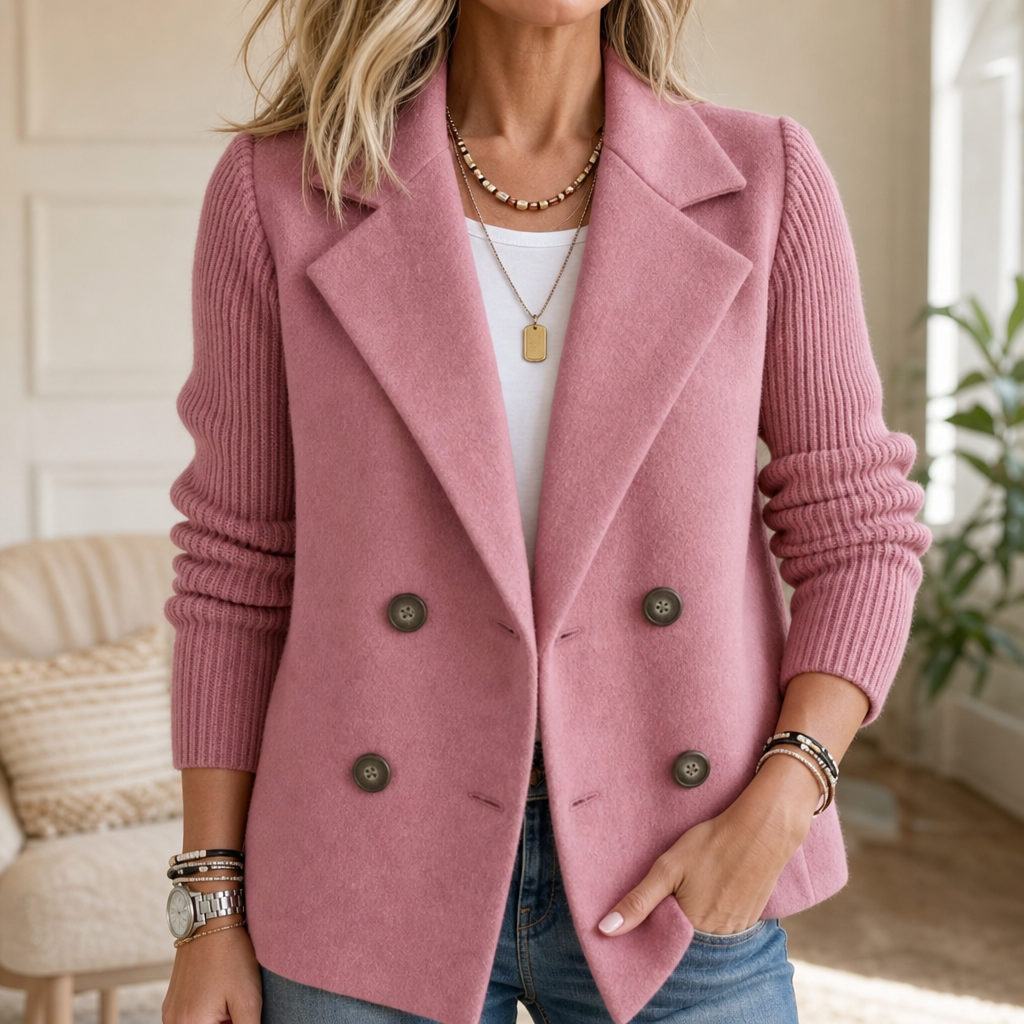 Mearbella | Knit-Sleeve Double-Breasted Blazer