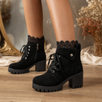 Lacevoya | Lace-Up Chunky Heel Ankle Booties