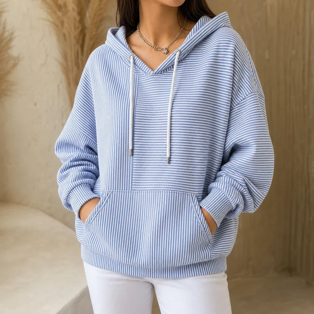 Stripe & Ease | Striped Drawstring Hooded Sweatshirt