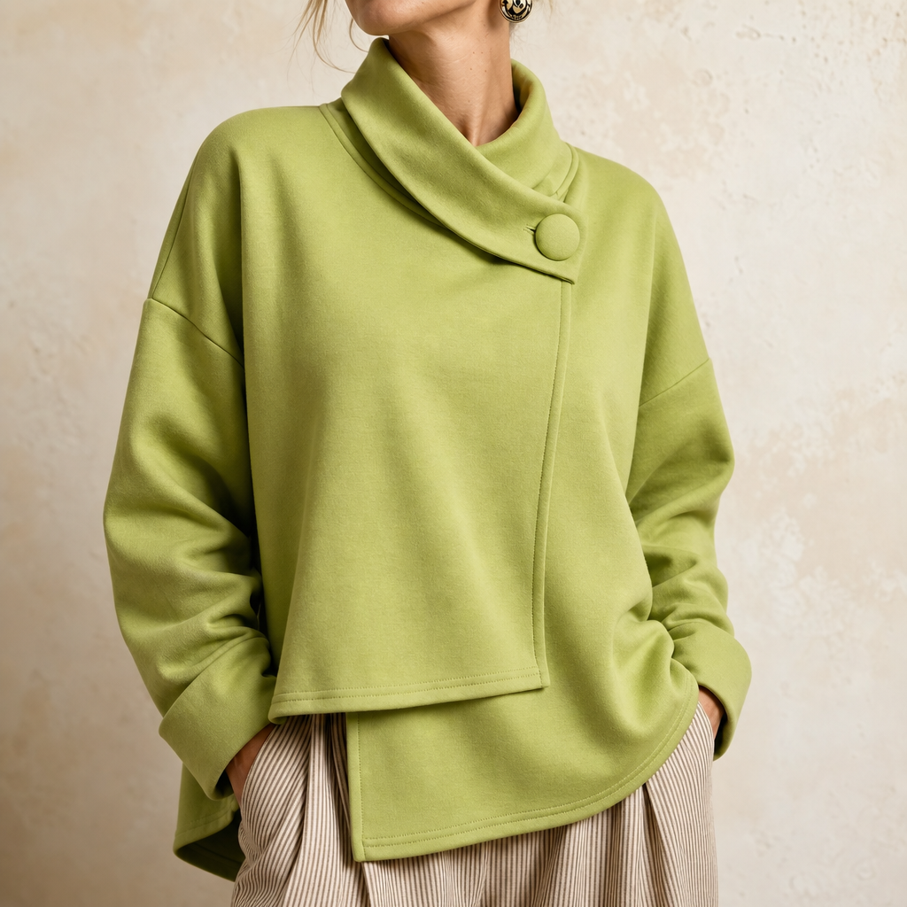 Draperly | Asymmetric Cowl Neck Button Sweatshirt