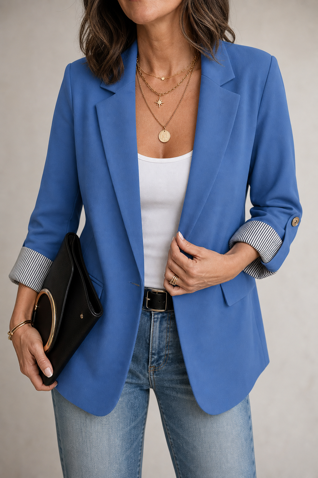 Cuffley | Striped-Cuff Roll-Sleeve Tailored Blazer