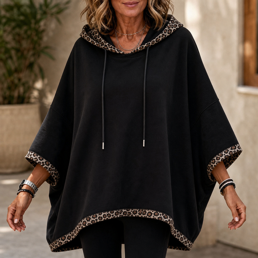 Wildelle | Leopard Trim Wide Sleeve Off-Shoulder Hoodie