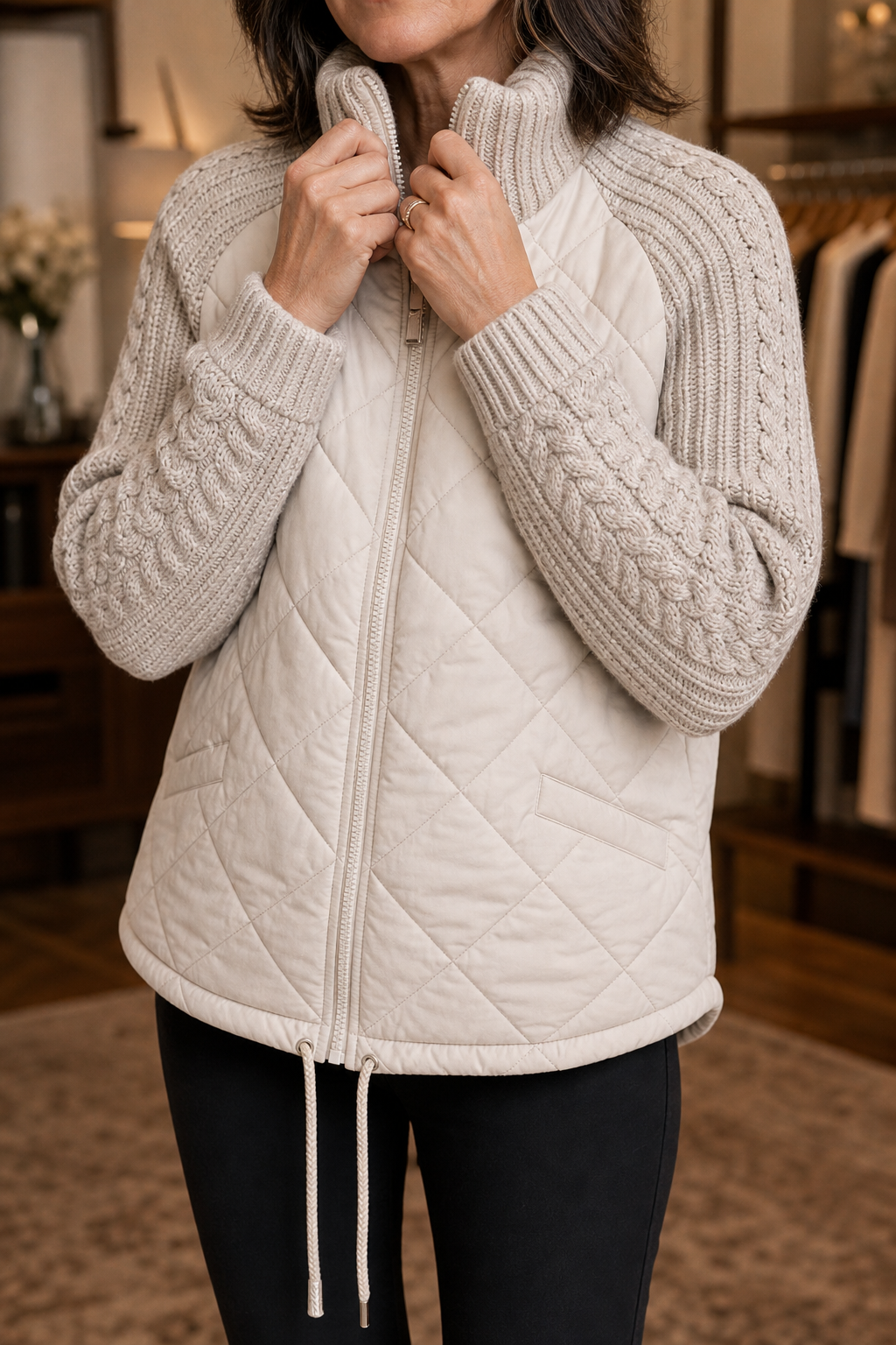 Knitpuff | Knit-Panel Quilted Patchwork Puffer Jacket