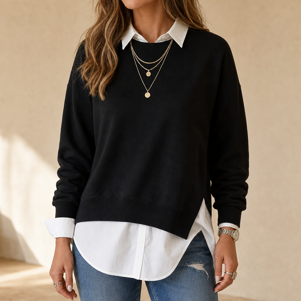 Averlyn | Layered Mock Shirt Collar Crewneck Sweatshirt