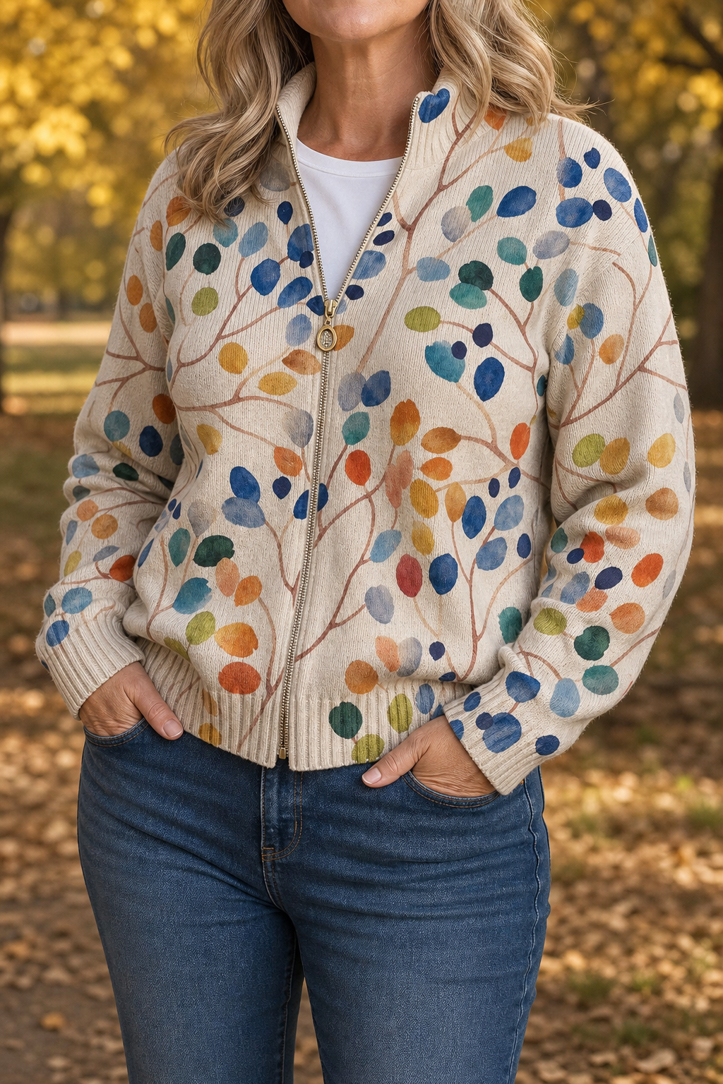 Threezip | Botanical Print Zip-Up Bomber Cardigan