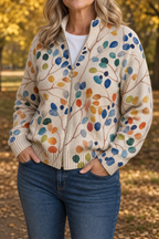 Threezip | Botanical Print Zip-Up Bomber Cardigan
