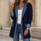 Wearbele | Spliced Denim Ribbed-Knit Longline Jacket