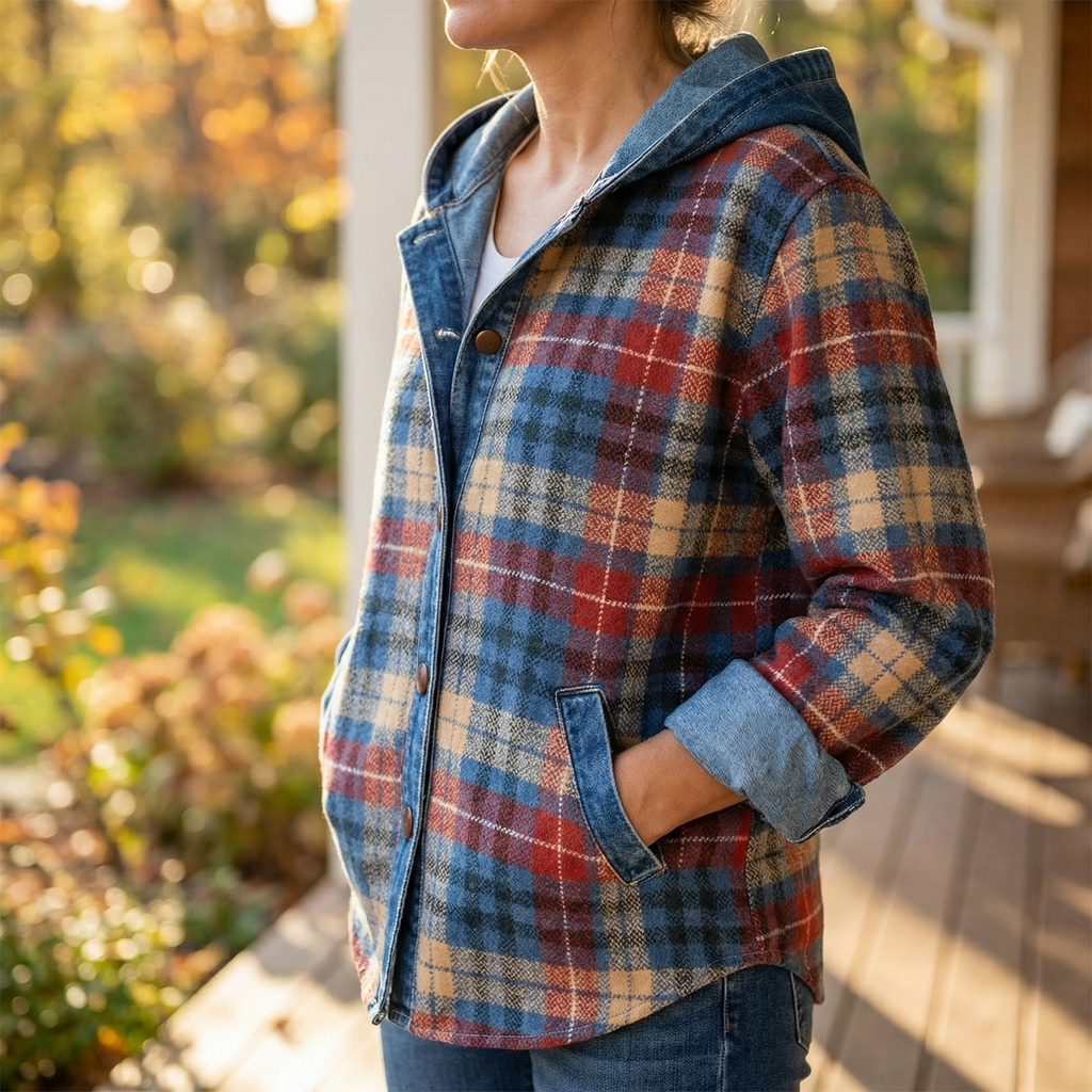 Weslyn | Women’s Contrast Denim Plaid Hooded Jacket