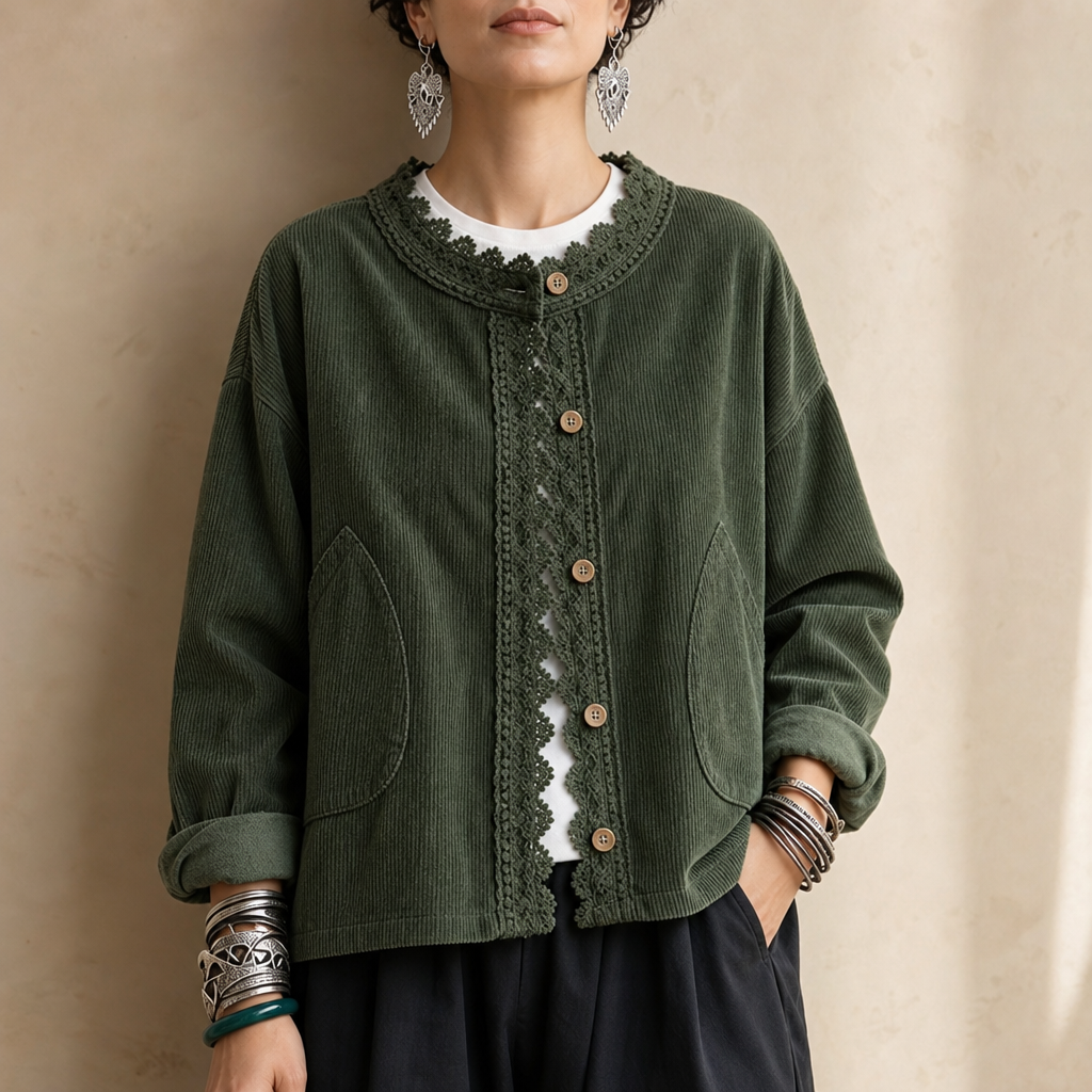 Roselane | Scalloped Lace Fine-Rib Corduroy-Look Jacket