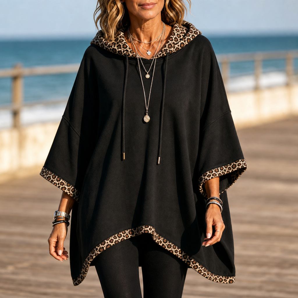 Wildelle | Leopard Trim Wide Sleeve Off-Shoulder Hoodie