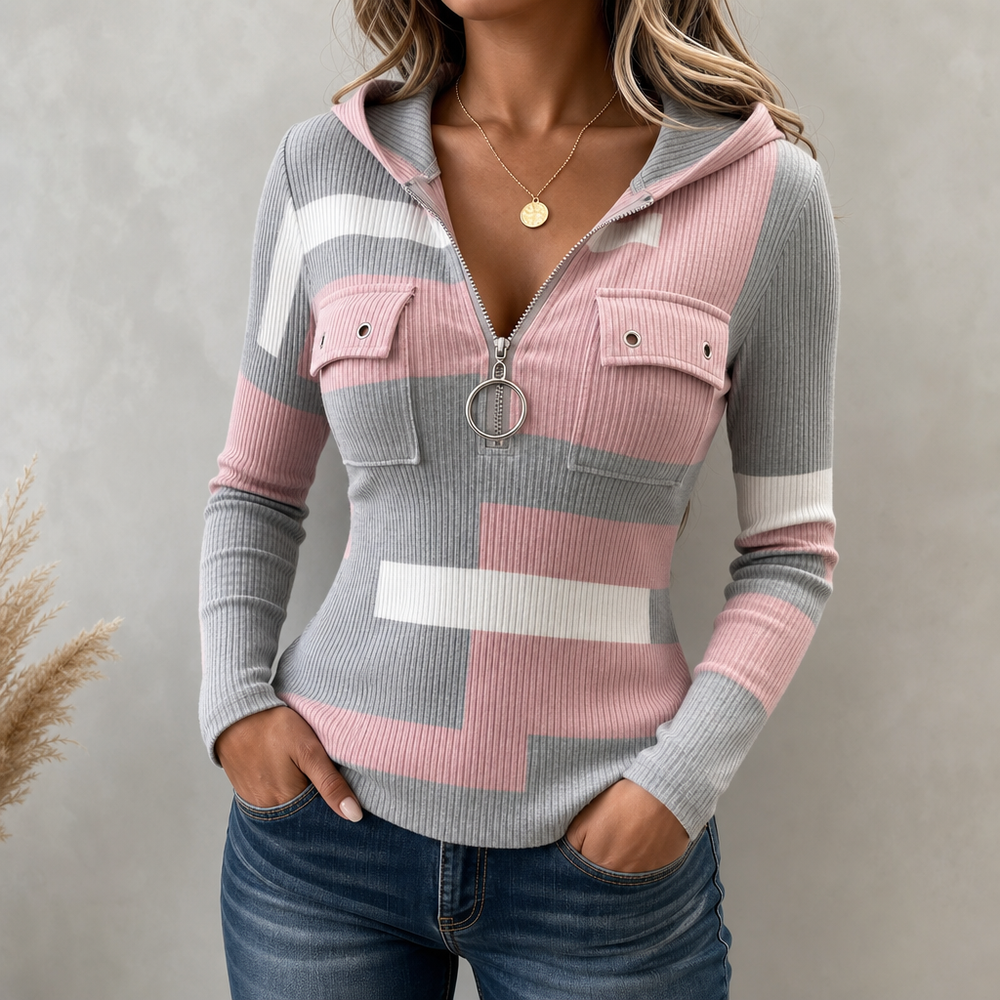 Ribette | Colorblock Ribbed Zip-Up Hooded Top