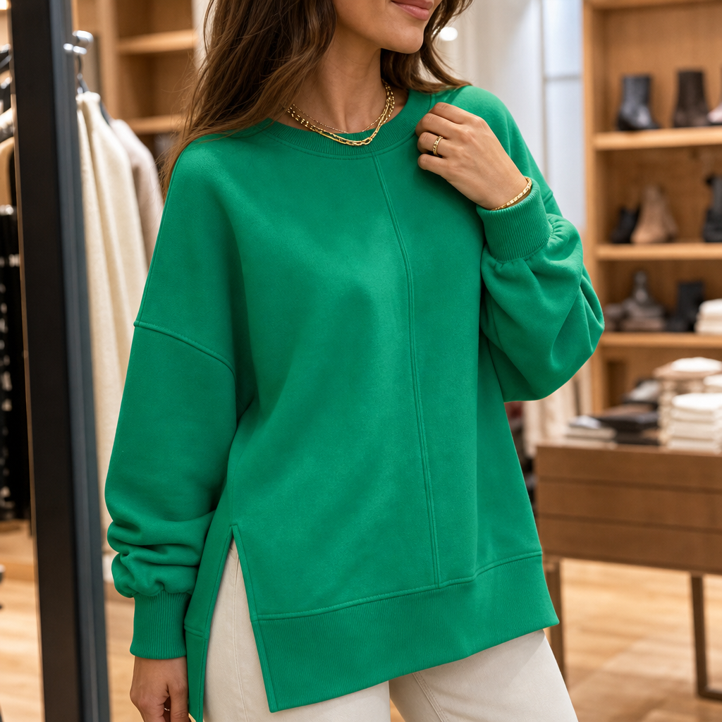 Verdant Ease | Drop Shoulder Side-Slit Sweatshirt