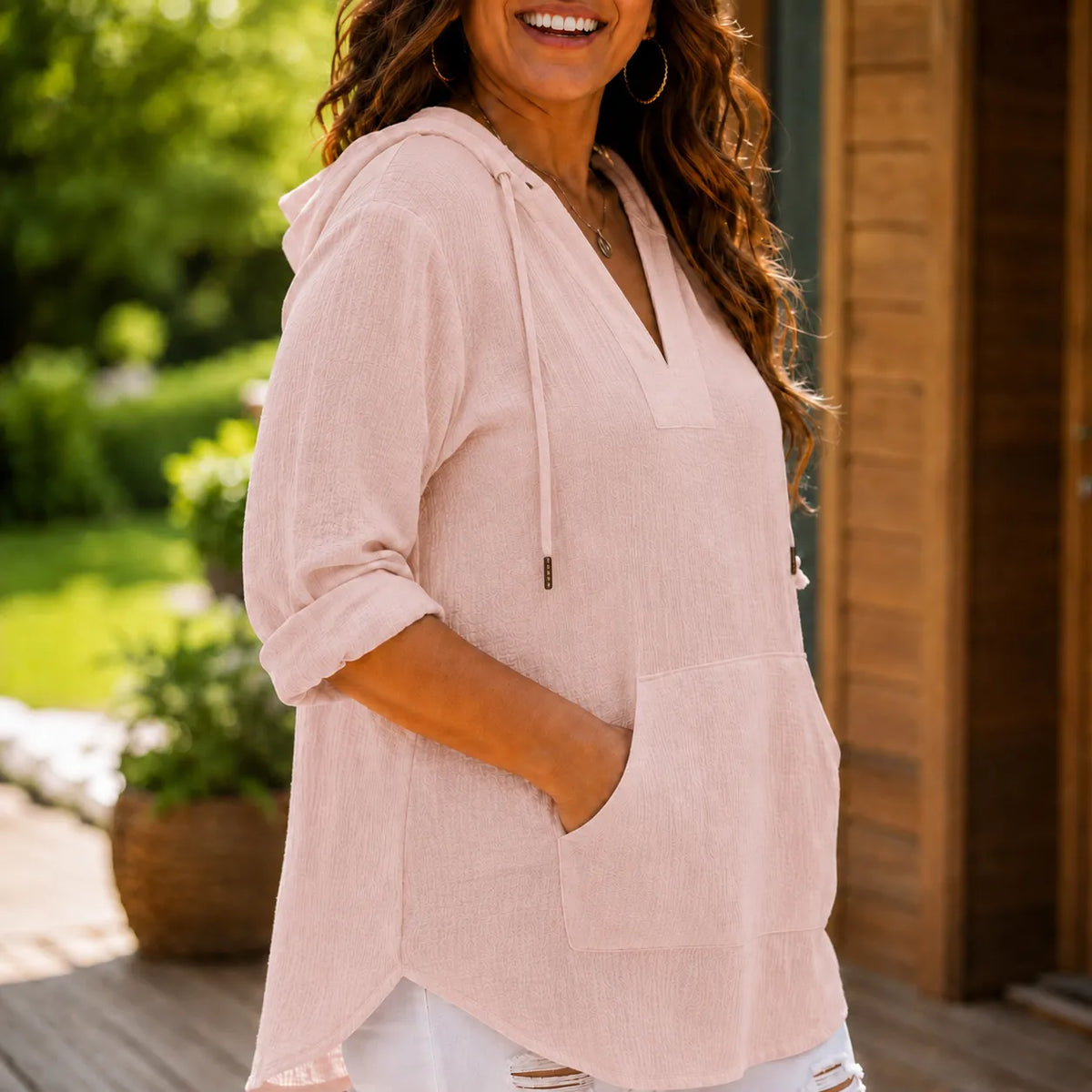Muslina | Soft V-Neck Hooded Summer Top with Kangaroo Pocket