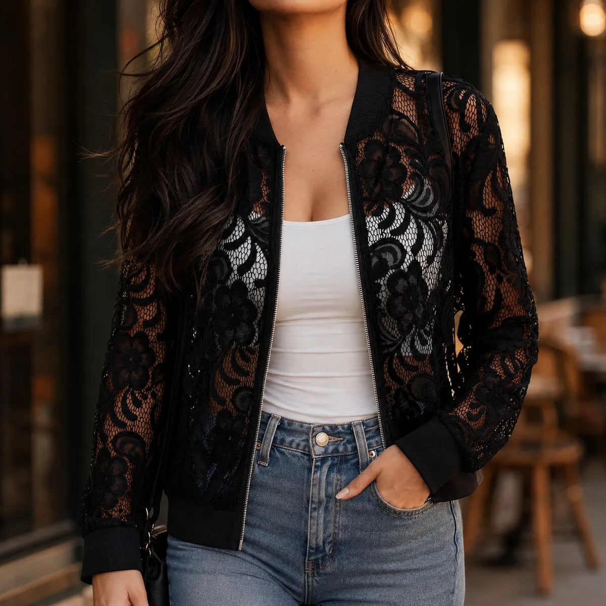 Lacelle | Floral Lace Zip Up Bomber Jacket for Women