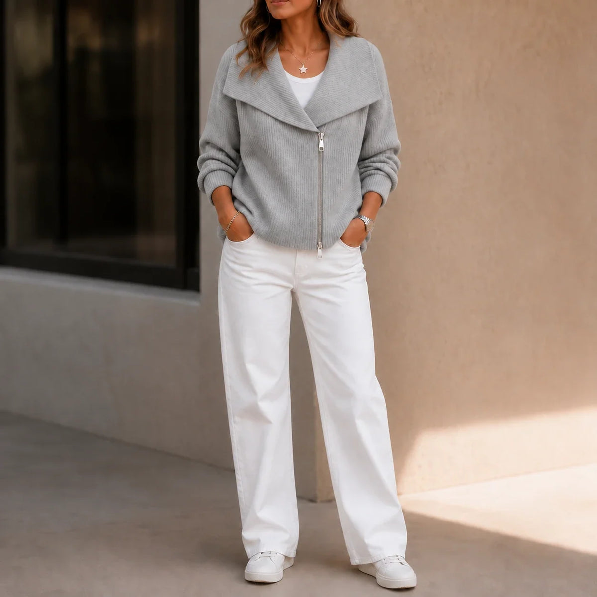 Wearbella | Diagonal Zip Oversized Collar Ribbed Knit Jacket