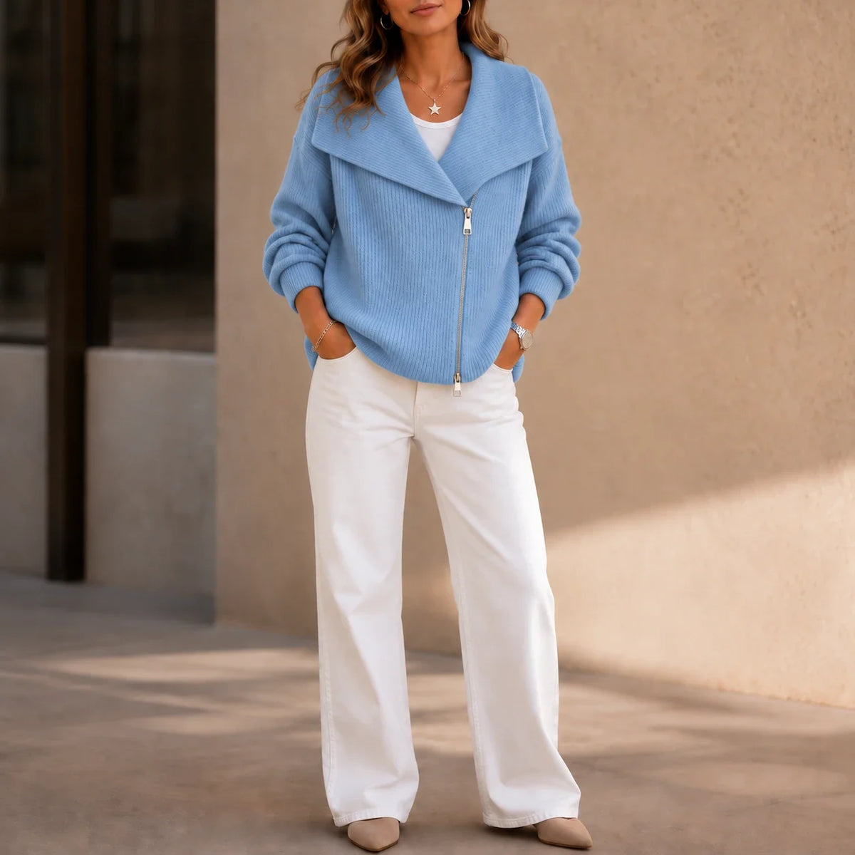 Wearbella | Diagonal Zip Oversized Collar Ribbed Knit Jacket