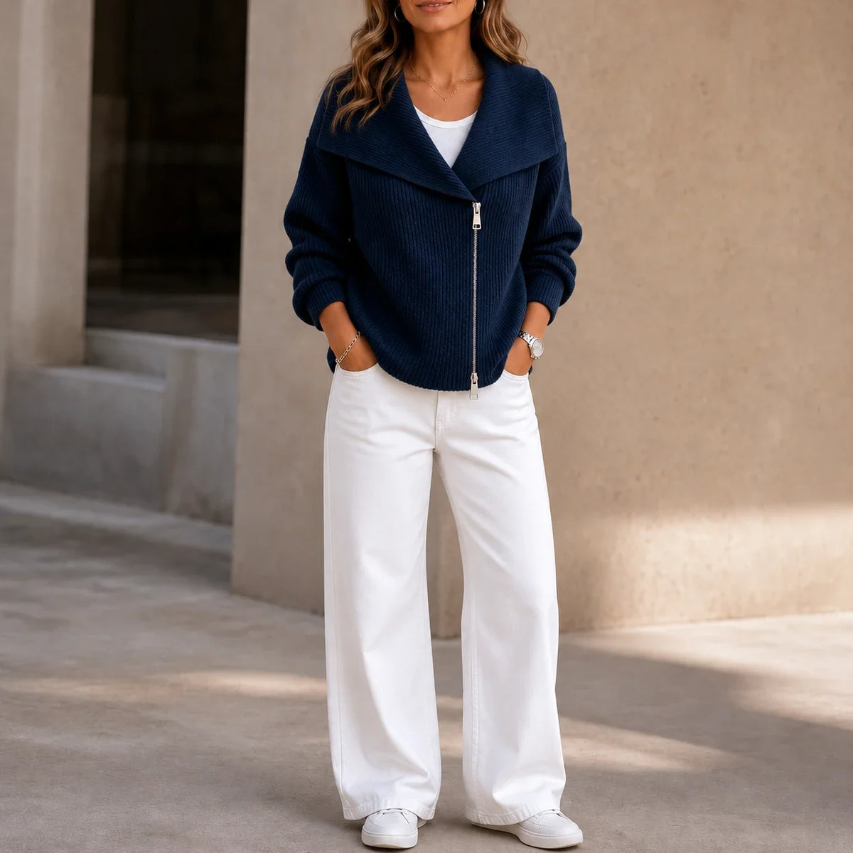 Wearbella | Diagonal Zip Oversized Collar Ribbed Knit Jacket