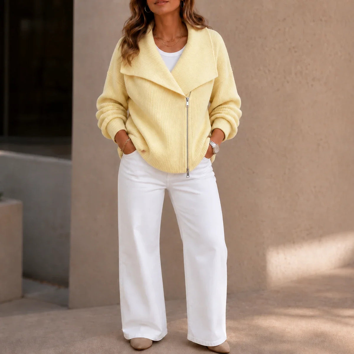 Wearbella | Diagonal Zip Oversized Collar Ribbed Knit Jacket