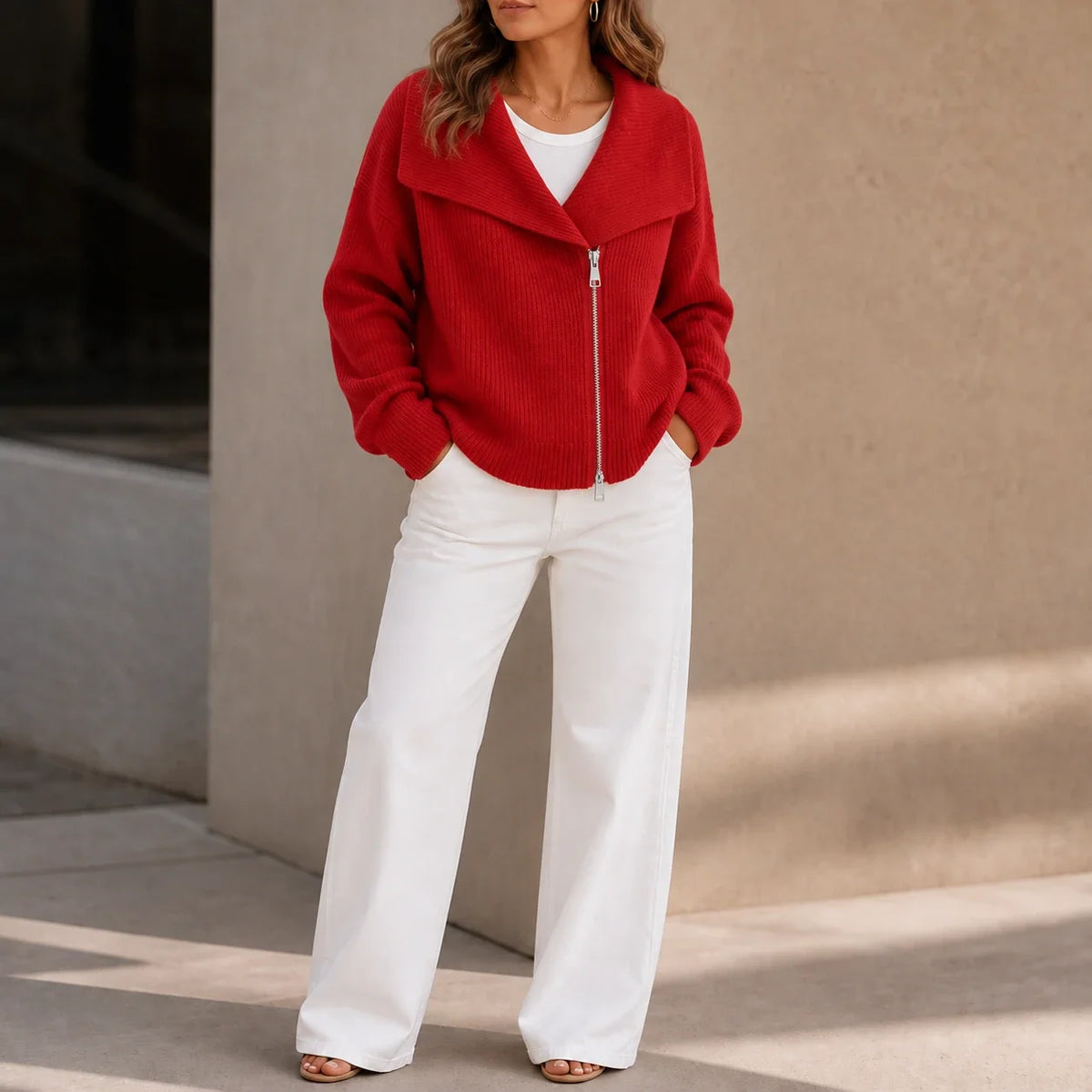 Wearbella | Diagonal Zip Oversized Collar Ribbed Knit Jacket