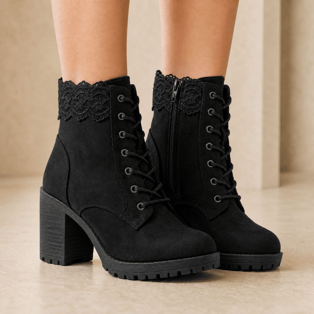 Lacelle | Romantic Lace Trim Suede Ankle Boots