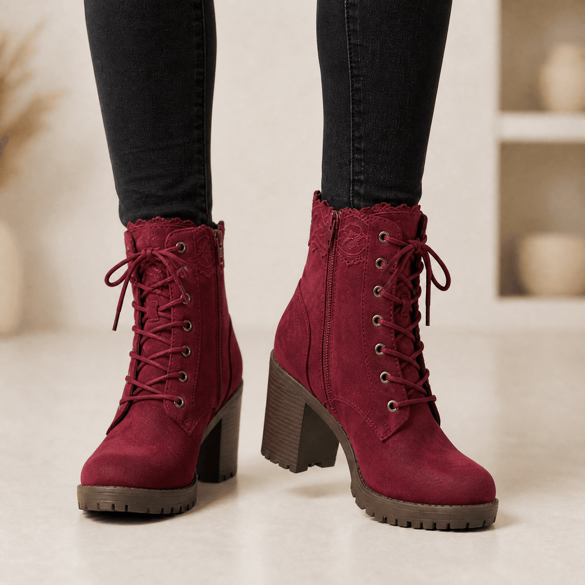 Lacelle | Romantic Lace Trim Suede Ankle Boots