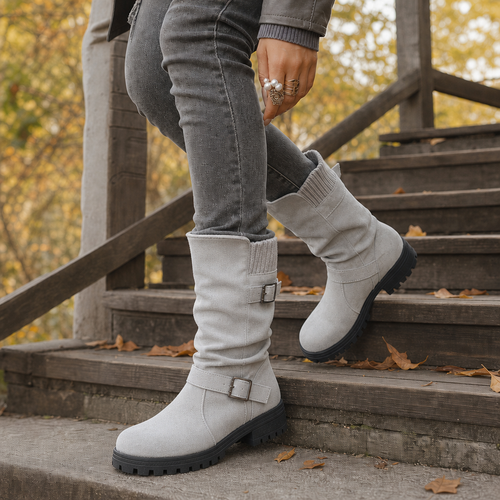 Calfden | Ribbed Cuff Lug Sole Slouch Boots