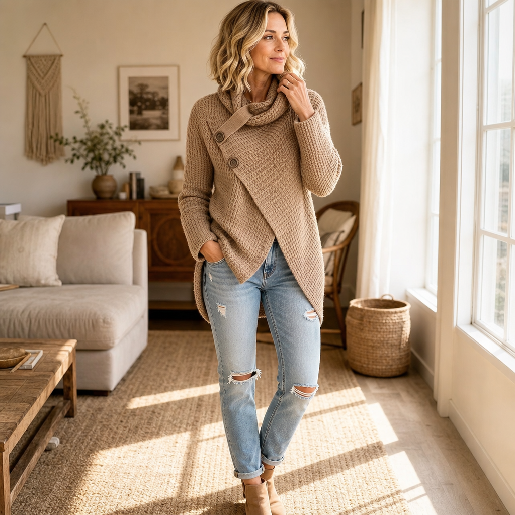 Cowlen | Asymmetric Cowl-Neck Button-Side Sweater