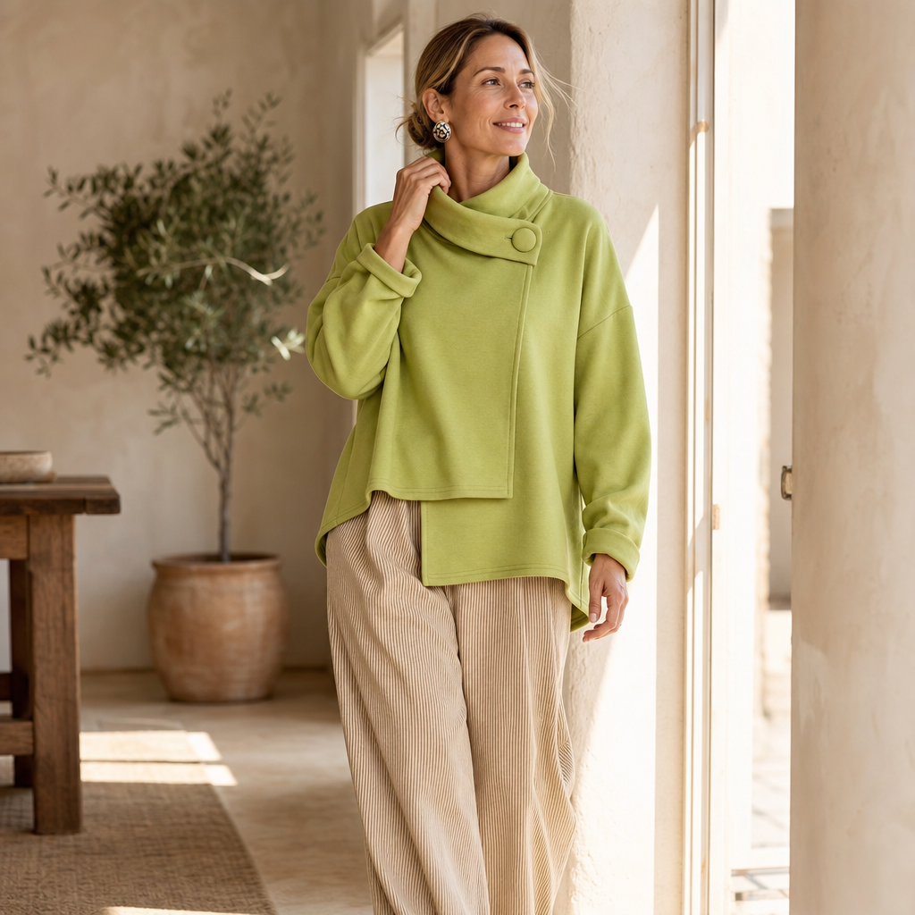 Draperly | Asymmetric Cowl Neck Button Sweatshirt