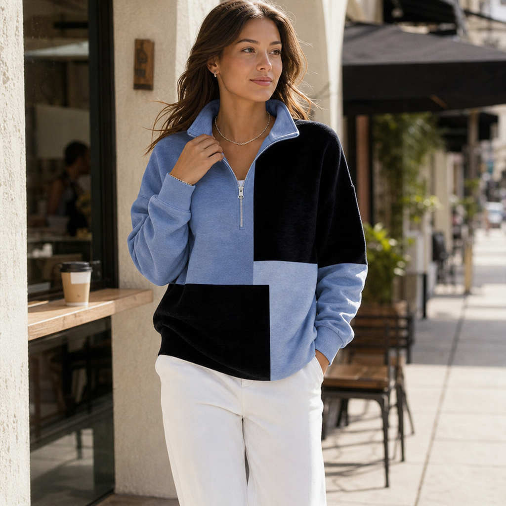 Colorplaid | Colorblock Plaid Stand-Collar Zip Sweatshirt