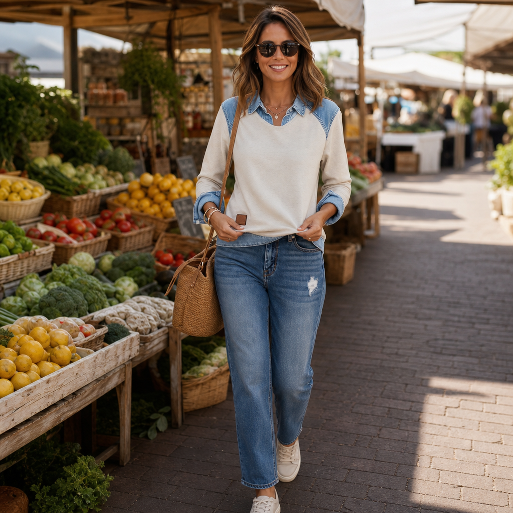 Denver & Wren | Denim-Yoke Colorblock Pullover Sweatshirt
