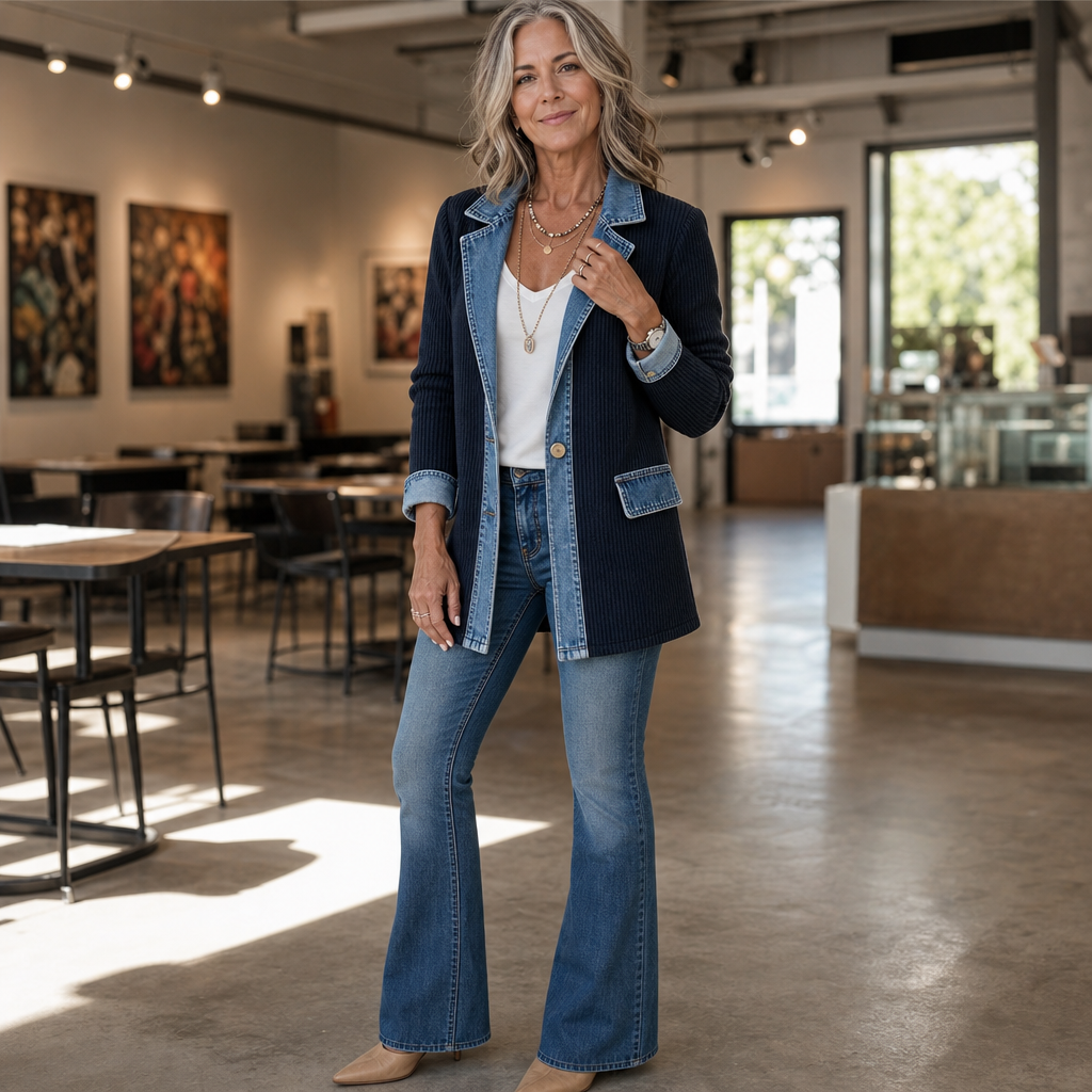Wearbele | Spliced Denim Ribbed-Knit Longline Jacket