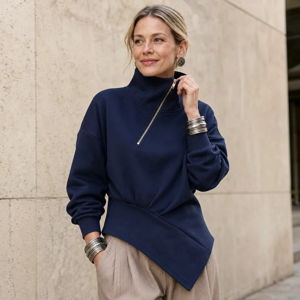 Velaire | Asymmetric Diagonal-Zip High-Neck Sweatshirt