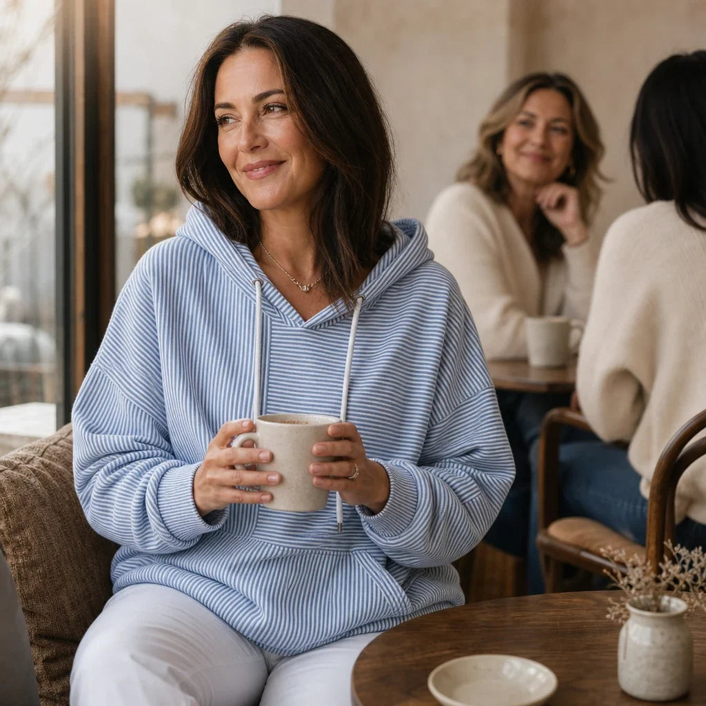 Stripe & Ease | Striped Drawstring Hooded Sweatshirt