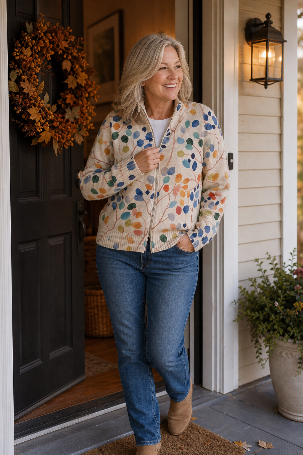 Threezip | Botanical Print Zip-Up Bomber Cardigan