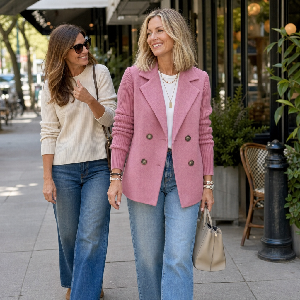 Mearbella | Knit-Sleeve Double-Breasted Blazer