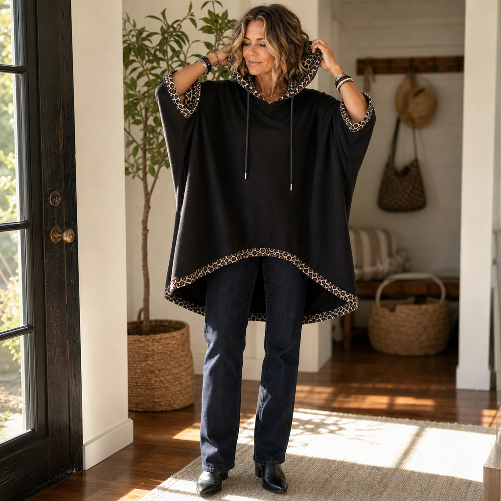 Wildelle | Leopard Trim Wide Sleeve Off-Shoulder Hoodie